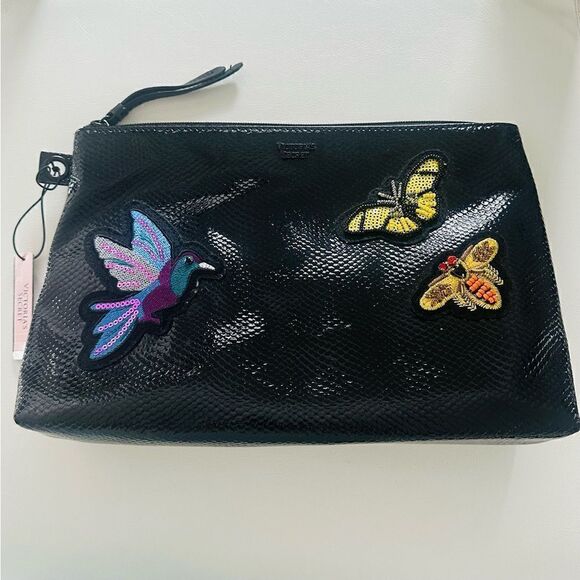 Victoria Secret black patten cosmetic bag with bird and bee decal. - Picture 1 of 6